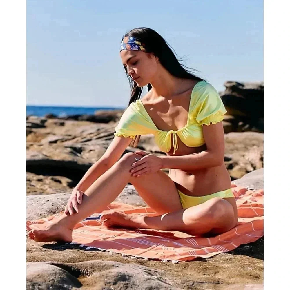 NWT Frankies Bikini Carly Ruffle Satin Bikini Top Yellow Large